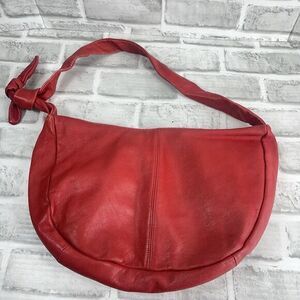 Vintage Women’s Red Leather Shoulder Hobo Bag Purse With Bow Strap
